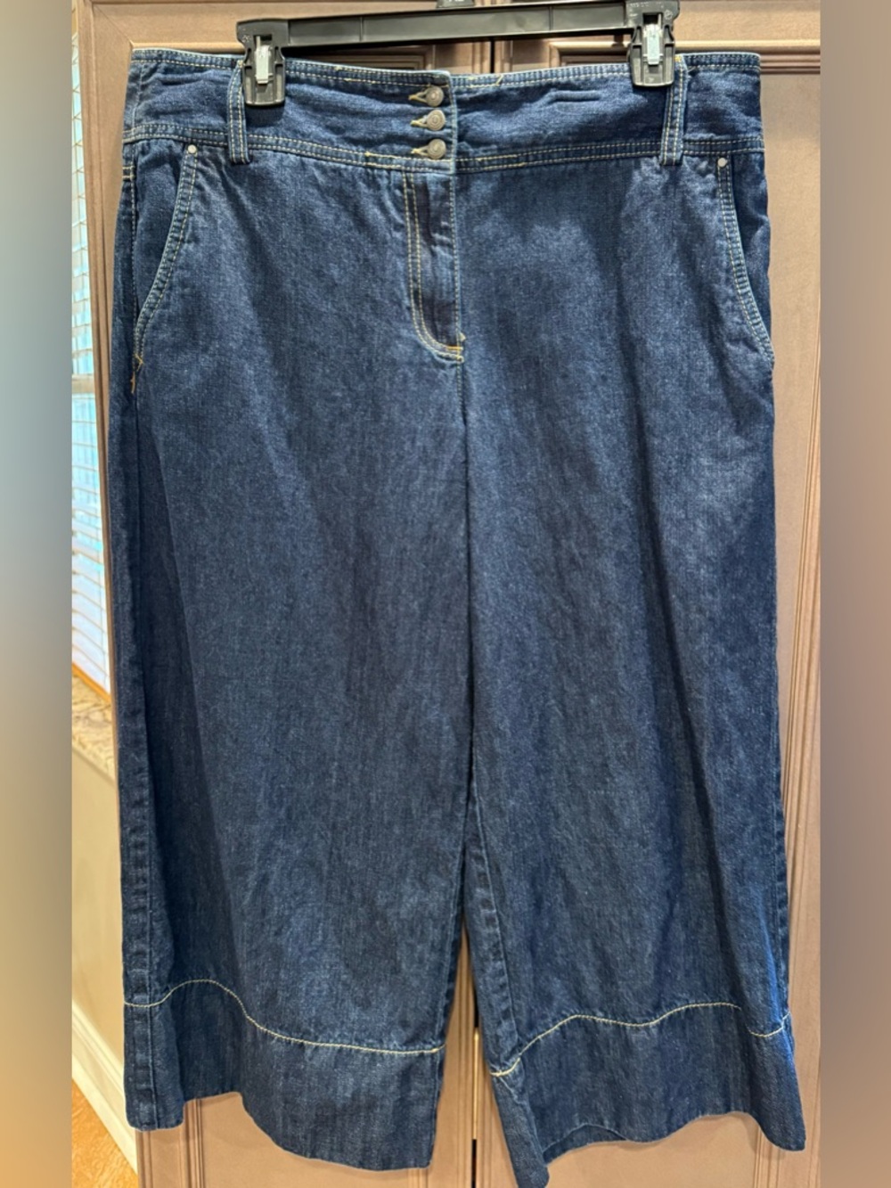 LOFT Dark Blue Denim Wide-Leg Culotte Capri Palazzo Jeans, Ann Taylor